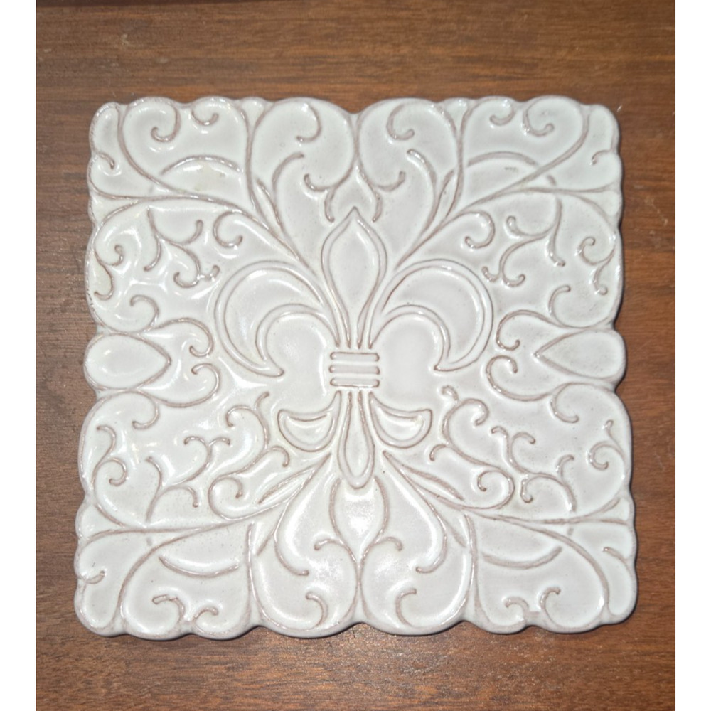 Vintage Frankoma 3TR Pottery Square Fleur-de-lis Scroll Tile Trivet